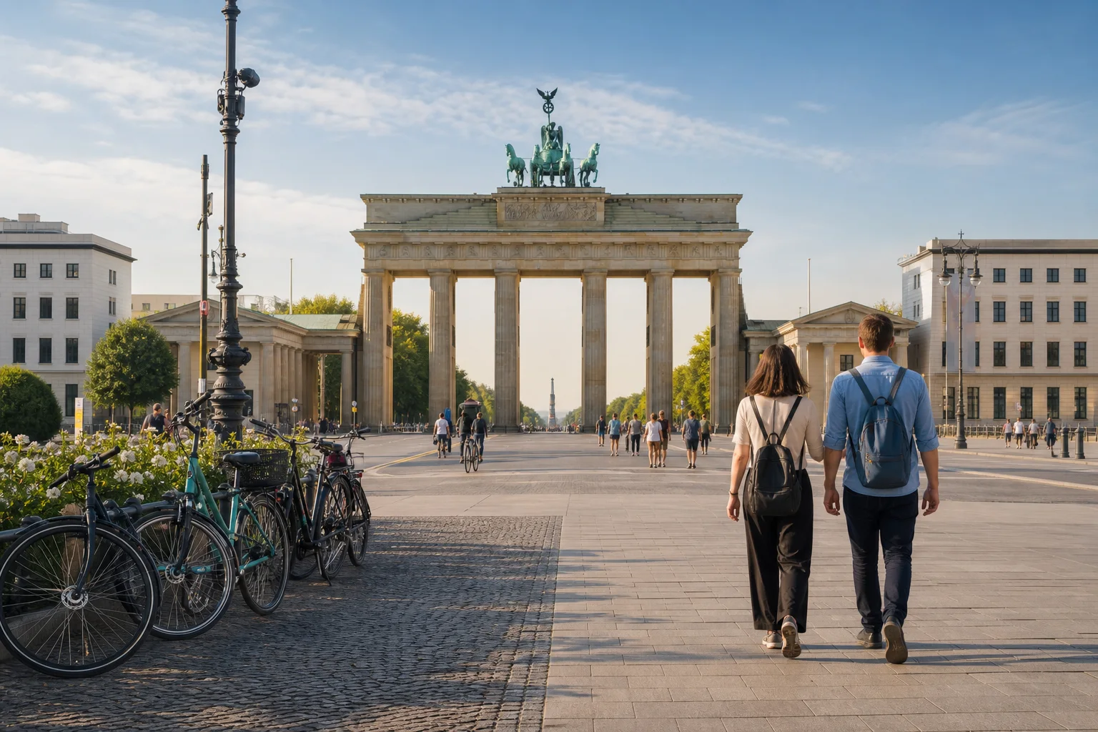 Reisende vor dem Brandenburger Tor in Berlin
