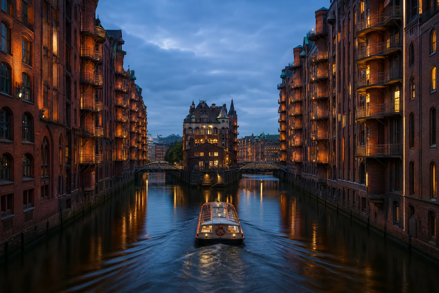 Beleuchtete Speicherstadt in Hamburg am Abend
