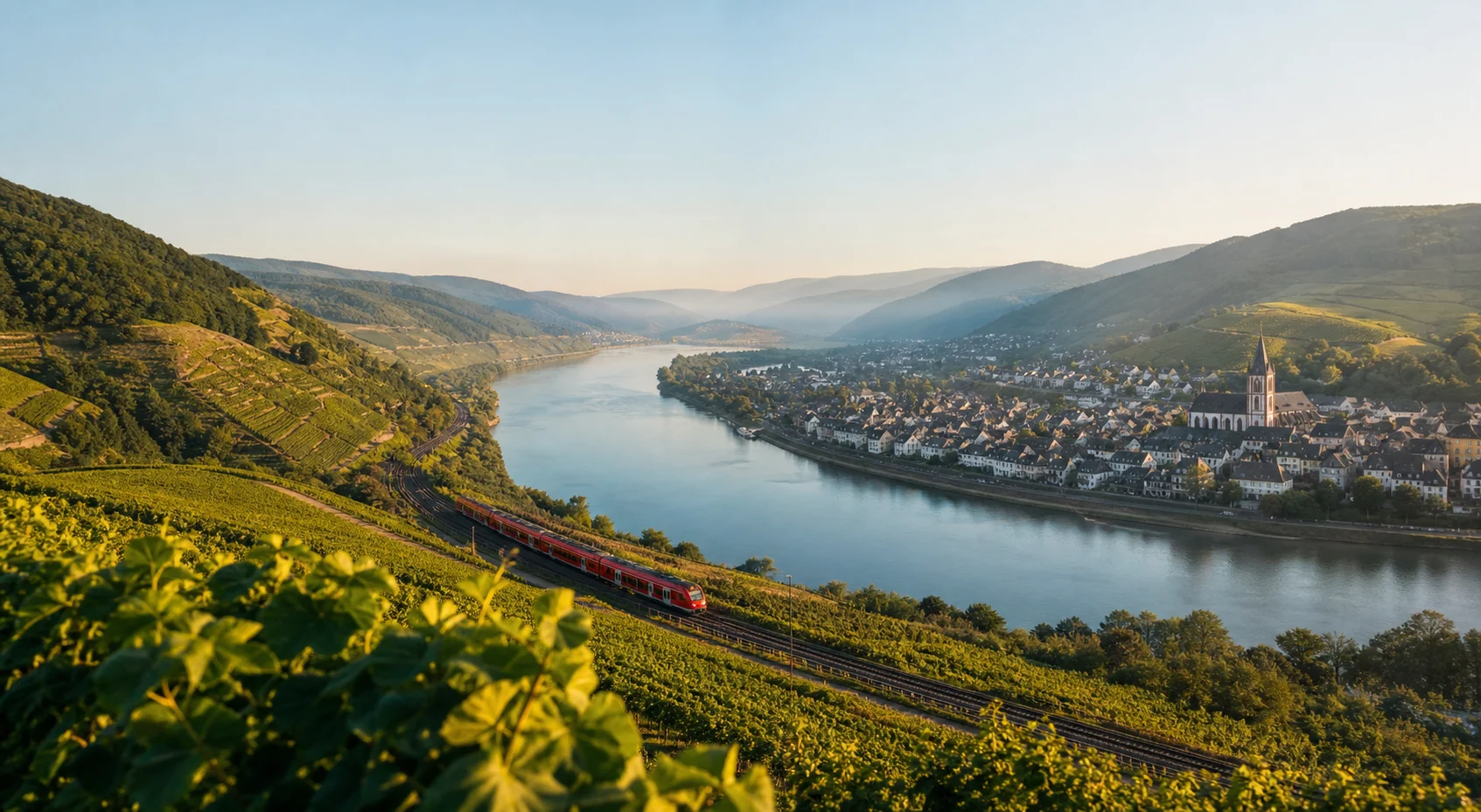Regionalzug fährt durch Weinberge am Rhein in Deutschland